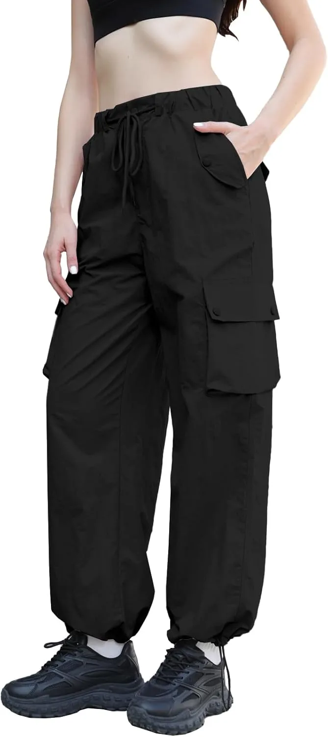 Cromoncent Girls & Womens High Waist Parachute Pants Y2K Waterproof Cargo Trousers with Pockets 6 Years-Women 3XL