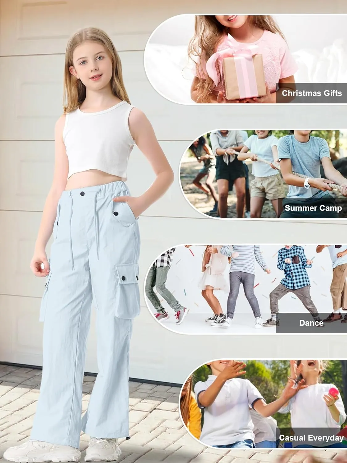 Cromoncent Girls & Womens High Waist Parachute Pants Y2K Waterproof Cargo Trousers with Pockets 6 Years-Women 3XL