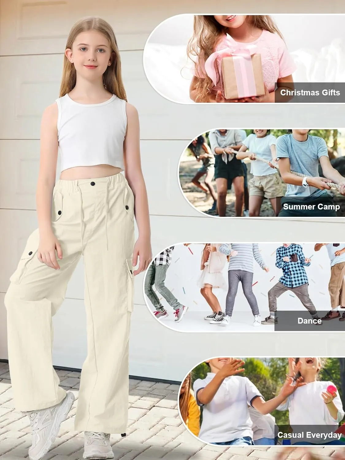 Cromoncent Girls & Womens High Waist Parachute Pants Y2K Waterproof Cargo Trousers with Pockets 6 Years-Women 3XL