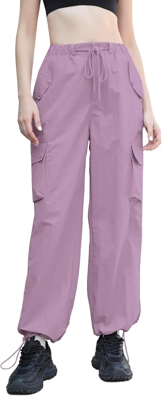Cromoncent Girls & Womens High Waist Parachute Pants Y2K Waterproof Cargo Trousers with Pockets 6 Years-Women 3XL