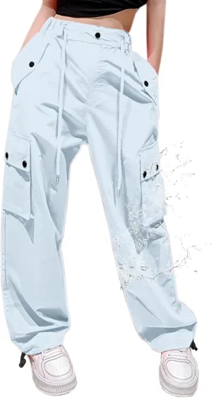 Cromoncent Girls & Womens High Waist Parachute Pants Y2K Waterproof Cargo Trousers with Pockets 6 Years-Women 3XL
