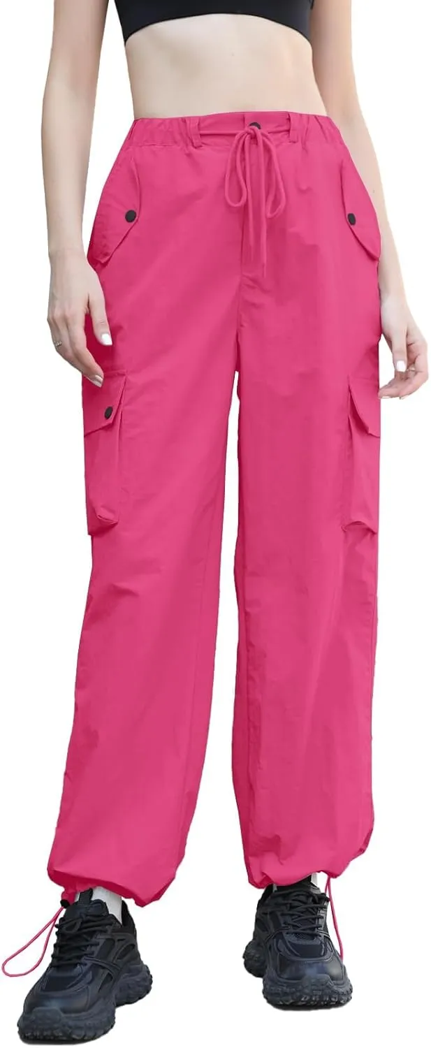 Cromoncent Girls & Womens High Waist Parachute Pants Y2K Waterproof Cargo Trousers with Pockets 6 Years-Women 3XL