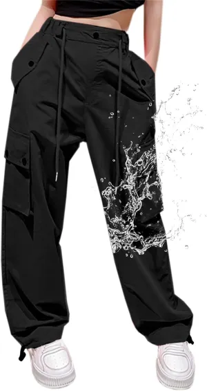 Cromoncent Girls & Womens High Waist Parachute Pants Y2K Waterproof Cargo Trousers with Pockets 6 Years-Women 3XL
