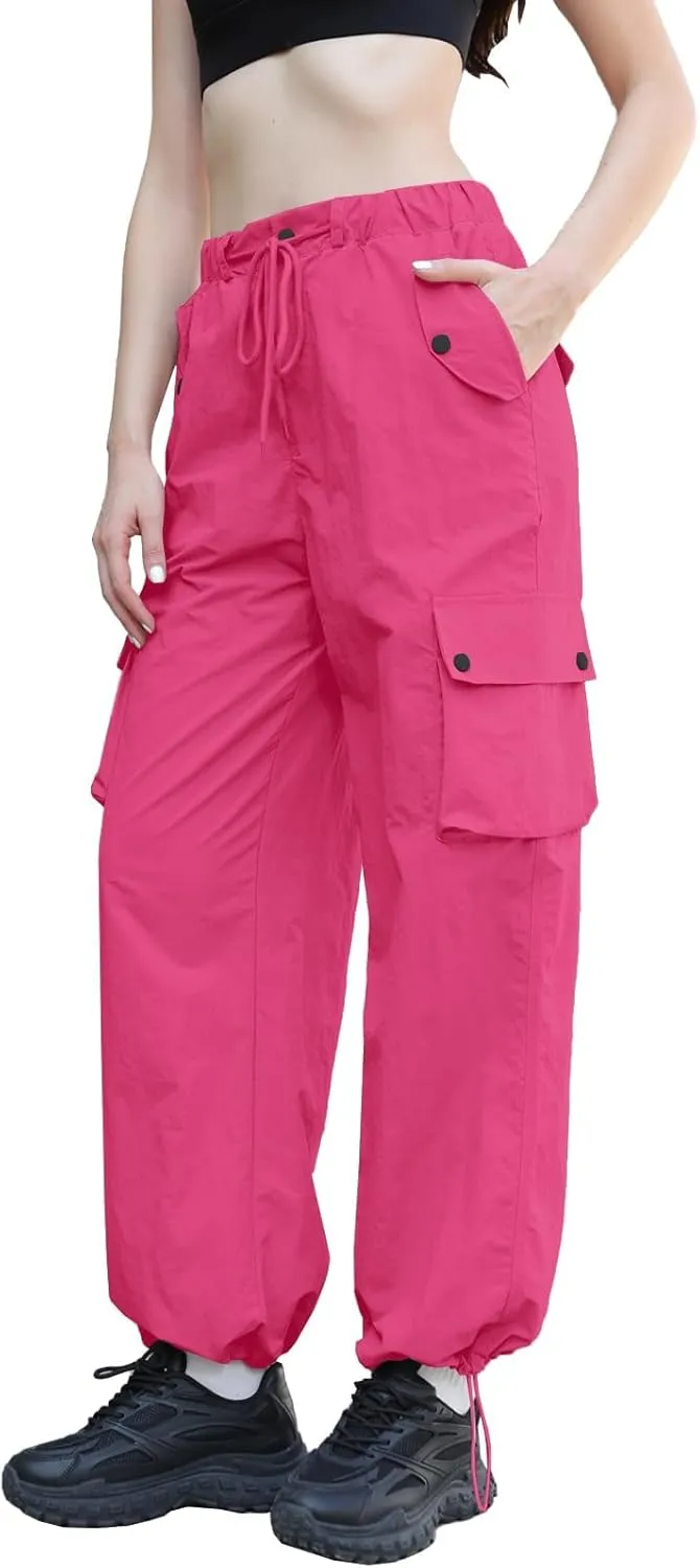 Cromoncent Girls & Womens High Waist Parachute Pants Y2K Waterproof Cargo Trousers with Pockets 6 Years-Women 3XL