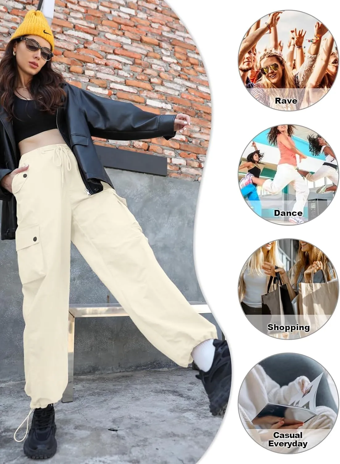 Cromoncent Girls & Womens High Waist Parachute Pants Y2K Waterproof Cargo Trousers with Pockets 6 Years-Women 3XL