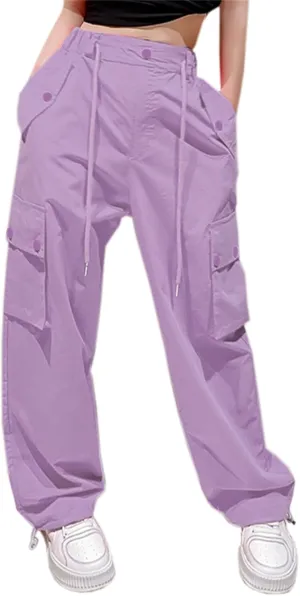 Cromoncent Girl's & Women's Parachute Pants 2 Packs Cargo Trousers, 6 Years-Women XL