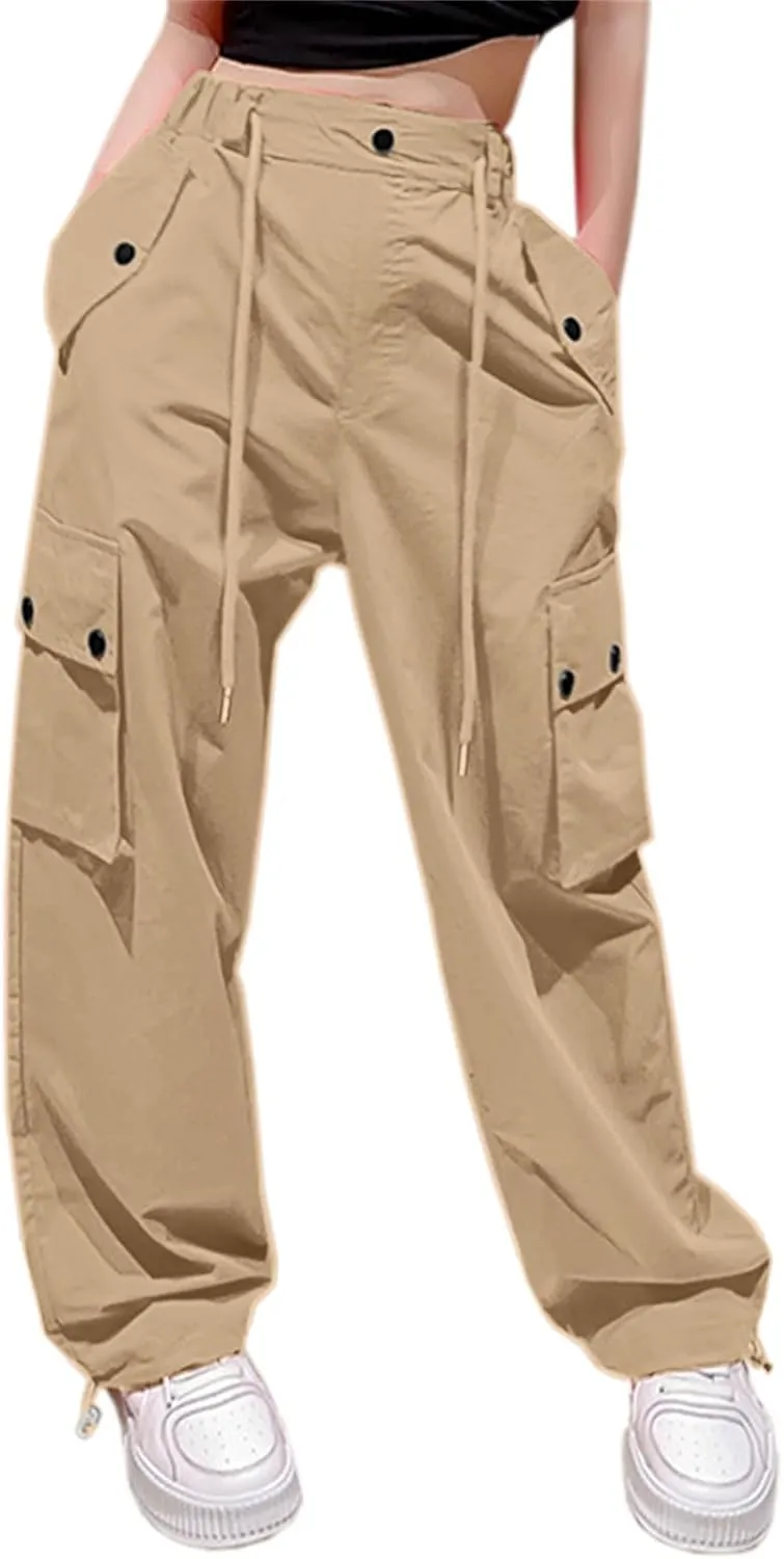 Cromoncent Girl's & Women's Parachute Pants 2 Packs Cargo Trousers, 6 Years-Women XL