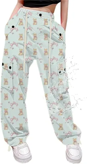 Cromoncent Girls High Waist Parachute Pants Y2K Cargo Trousers with Pockets for Women, Green Bear, 11-12 Years = Tag 160