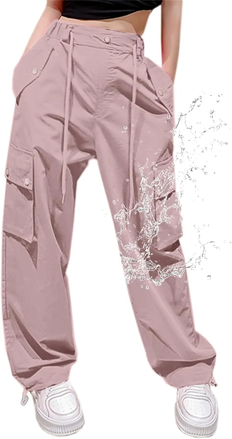 Cromoncent Women's High Waist Parachute Pants Y2K Cargo Trousers with Pockets, 1#Light Pink, S