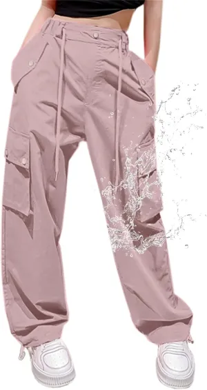 Cromoncent Women's High Waist Parachute Pants Y2K Cargo Trousers with Pockets, 1#Light Pink, S