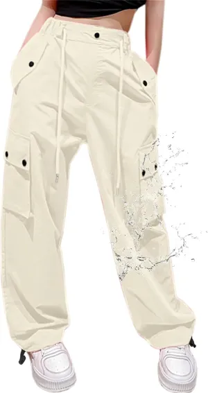 Cromoncent Womens High Waist Parachute Pants Y2K Cargo Trousers with Pockets, Beige, XXL
