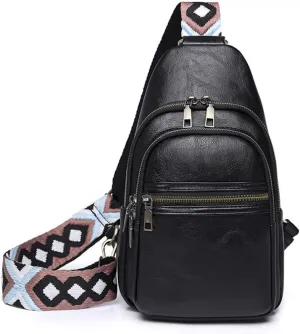 Crossbody Sling Bag Fanny Pack for Women Pu Leather Vintage Chest Bag Fashion Strap Zipper Sling Purse (Black)