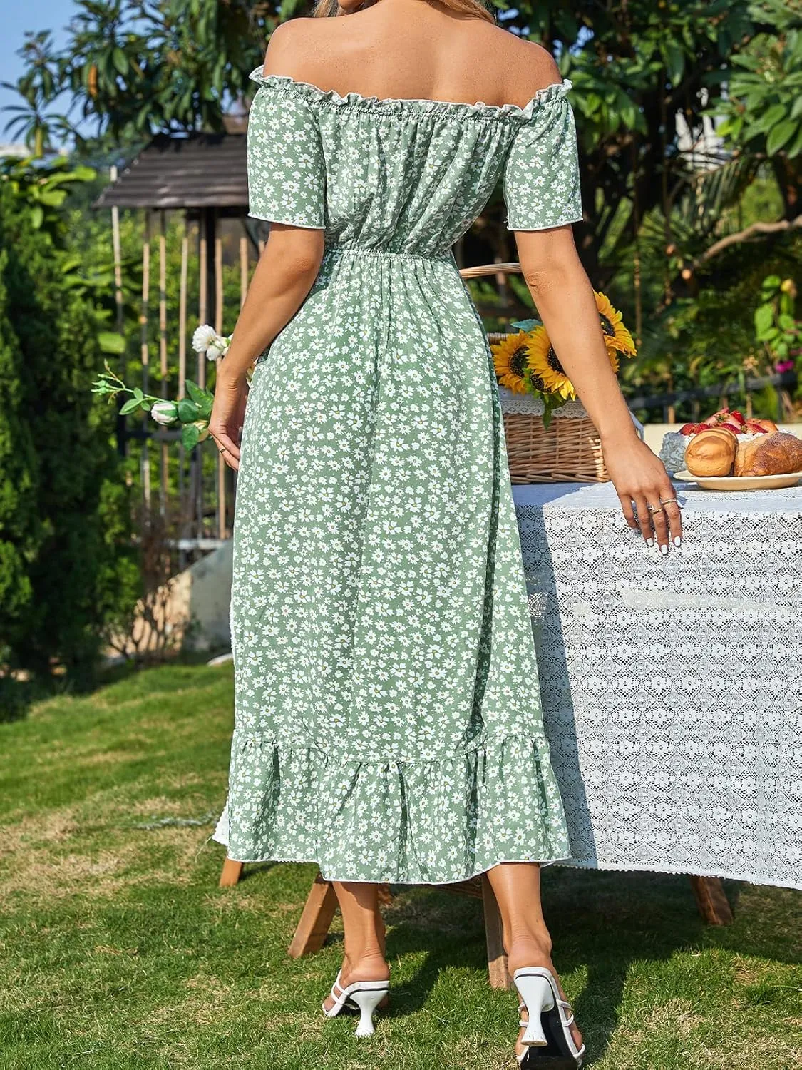 CUPSHE Dress for Women Maxi Dresses Off Shoulder Ditsy Floral Print Short Sleeve Frill A Line Dress