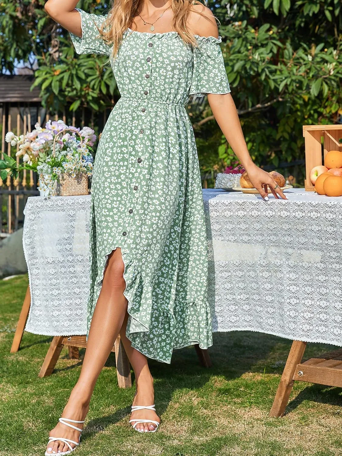 CUPSHE Dress for Women Maxi Dresses Off Shoulder Ditsy Floral Print Short Sleeve Frill A Line Dress