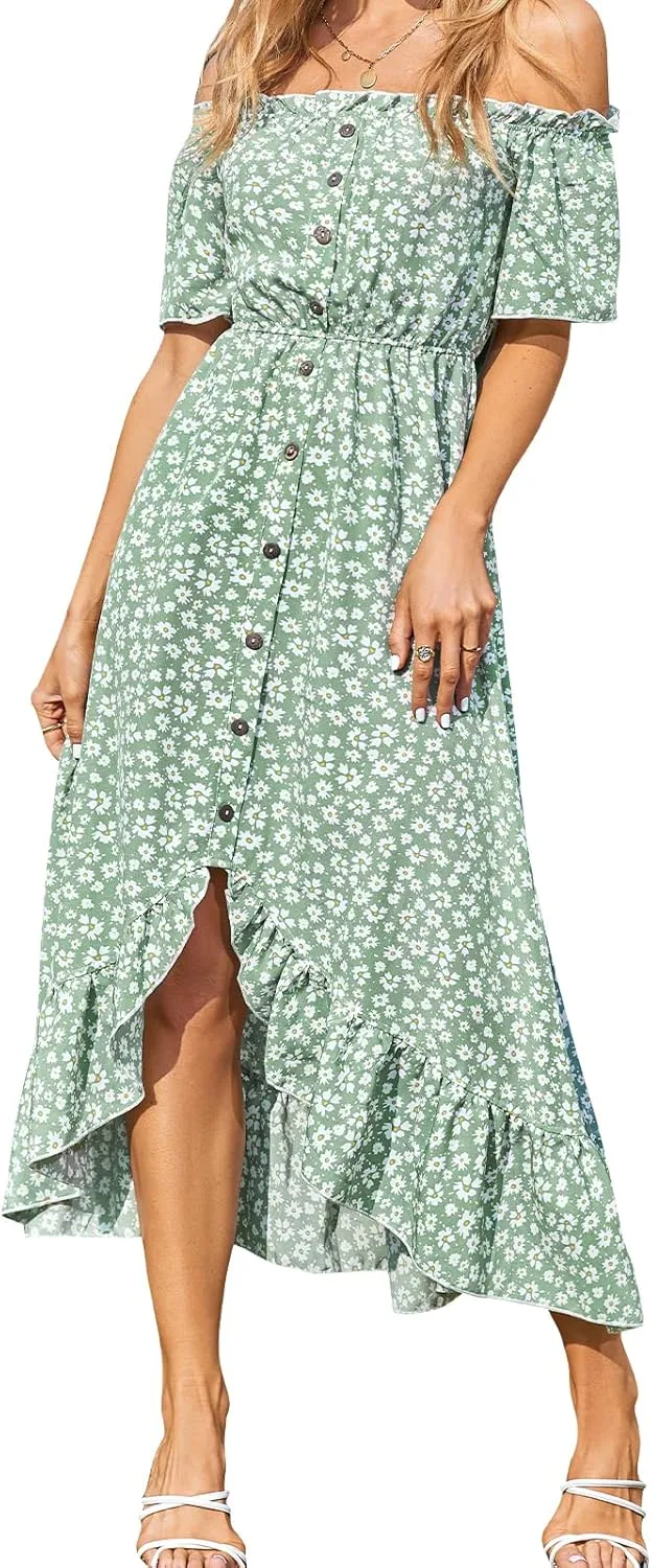 CUPSHE Dress for Women Maxi Dresses Off Shoulder Ditsy Floral Print Short Sleeve Frill A Line Dress