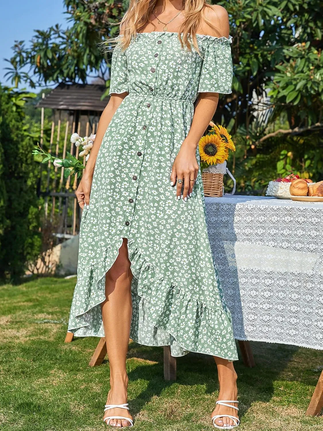 CUPSHE Dress for Women Maxi Dresses Off Shoulder Ditsy Floral Print Short Sleeve Frill A Line Dress
