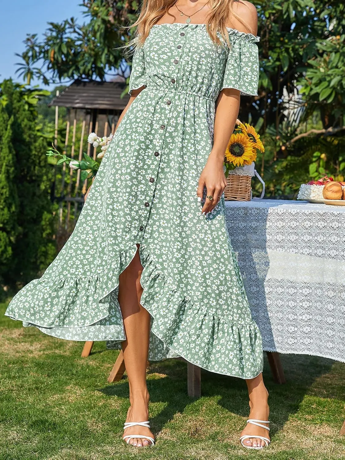 CUPSHE Dress for Women Maxi Dresses Off Shoulder Ditsy Floral Print Short Sleeve Frill A Line Dress