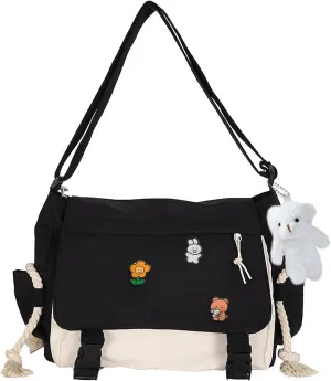 Cute Messenger Bag for Teen Girls Women, Kawaii Crossbody Shoulder Purse with Pins and Stuffed Pendant Gift