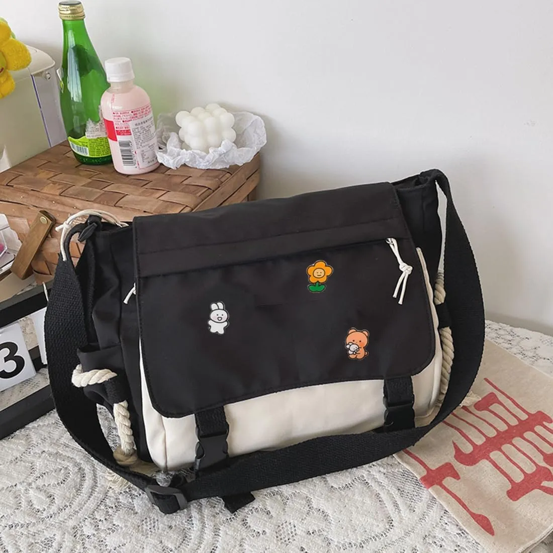Cute Messenger Bag for Teen Girls Women, Kawaii Crossbody Shoulder Purse with Pins and Stuffed Pendant Gift
