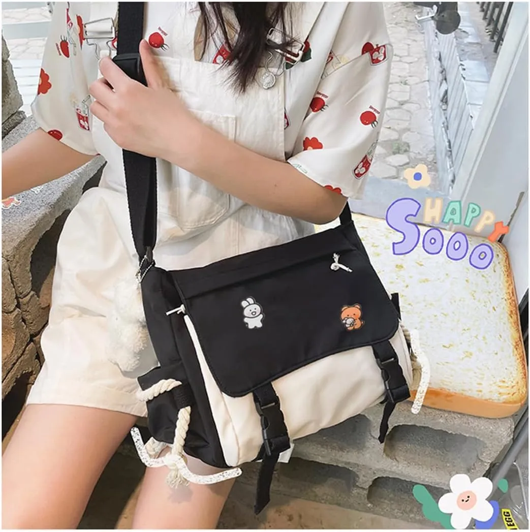 Cute Messenger Bag for Teen Girls Women, Kawaii Crossbody Shoulder Purse with Pins and Stuffed Pendant Gift