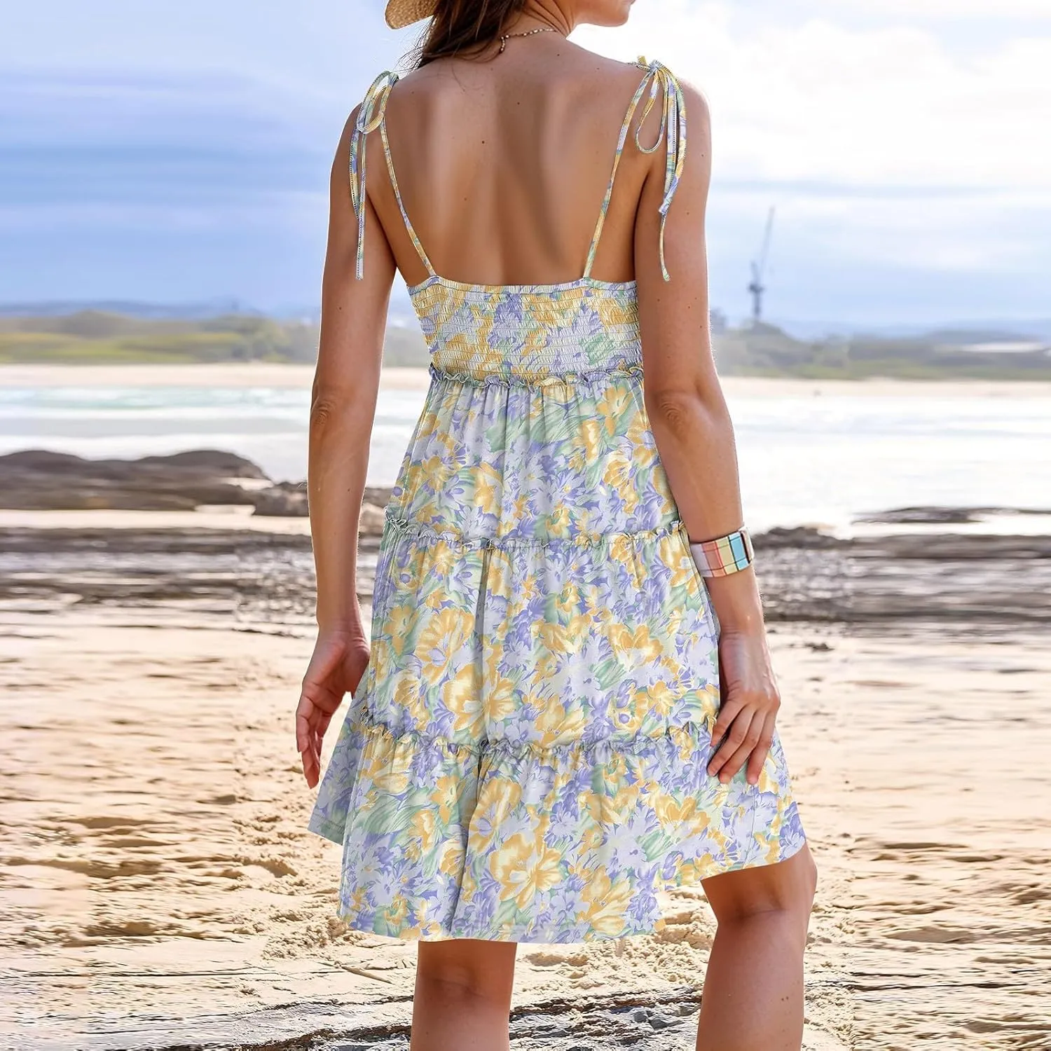 Cute Summer Dresses for Women 2025 Tiered A Line Floral Mini Dress Spaghetti Strap Boho Flowy Short Vacation Sundress