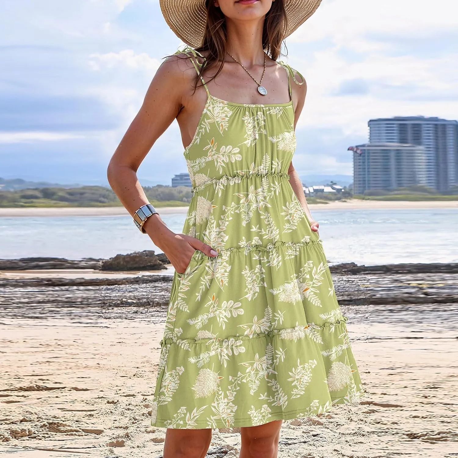 Cute Summer Dresses for Women 2025 Tiered A Line Floral Mini Dress Spaghetti Strap Boho Flowy Short Vacation Sundress