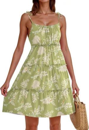 Cute Summer Dresses for Women 2025 Tiered A Line Floral Mini Dress Spaghetti Strap Boho Flowy Short Vacation Sundress