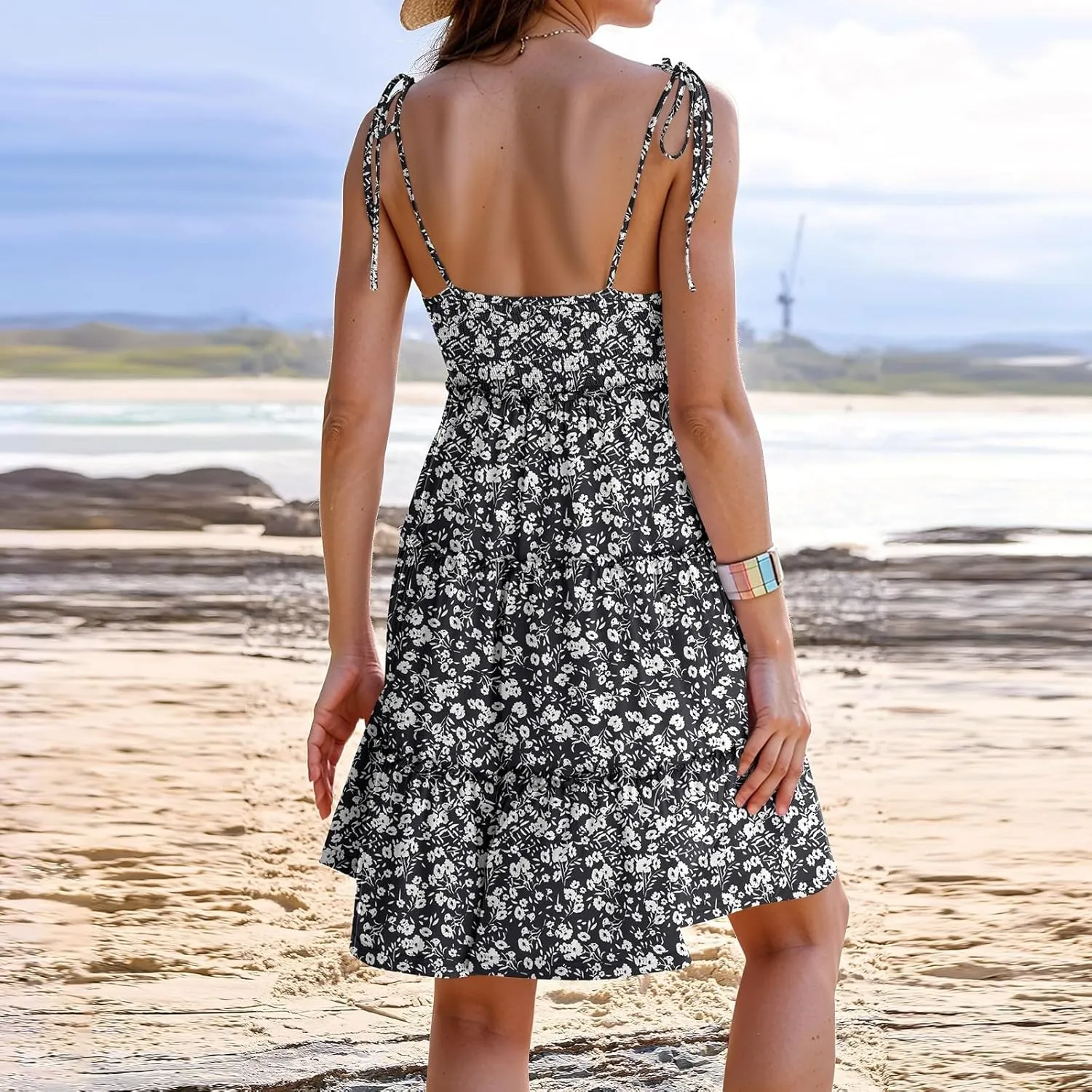 Cute Summer Dresses for Women 2025 Tiered A Line Floral Mini Dress Spaghetti Strap Boho Flowy Short Vacation Sundress