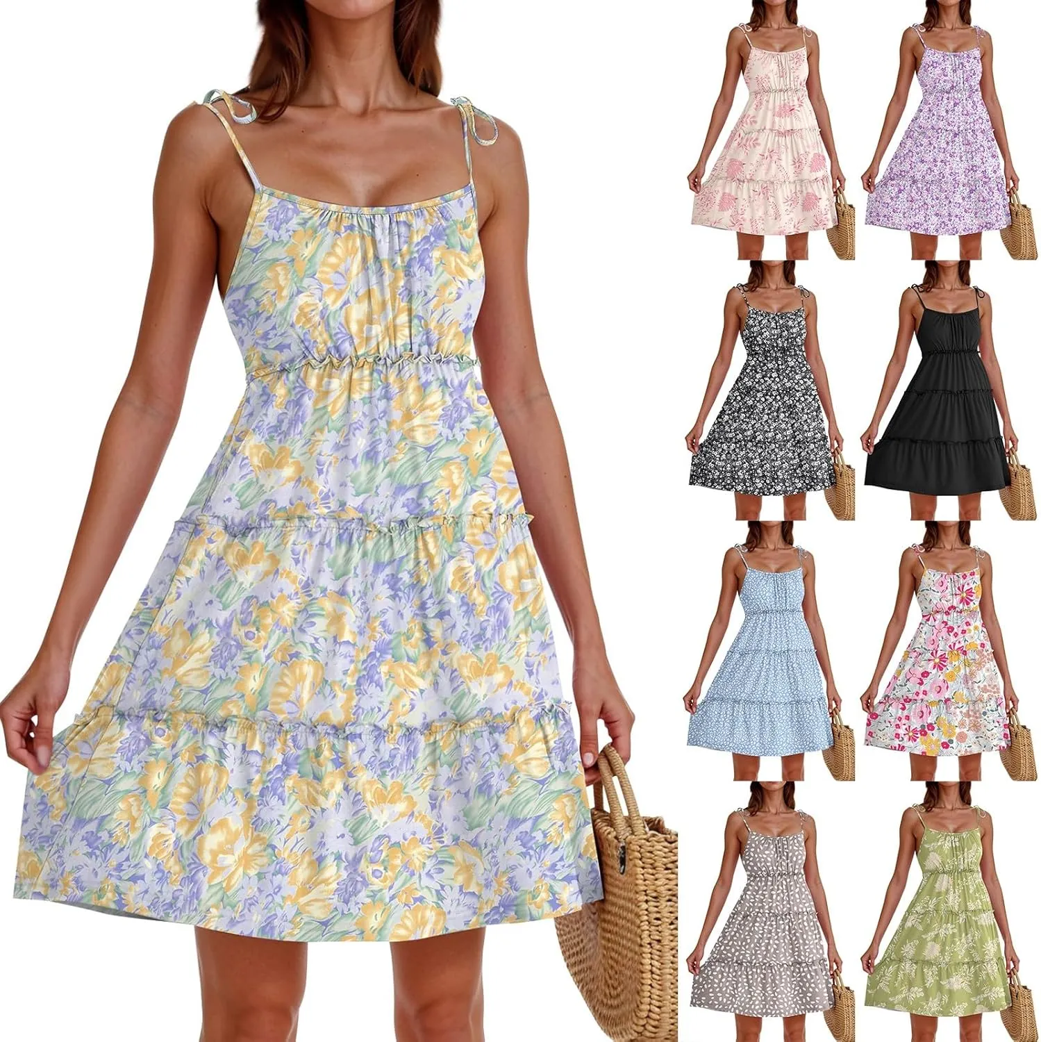 Cute Summer Dresses for Women 2025 Tiered A Line Floral Mini Dress Spaghetti Strap Boho Flowy Short Vacation Sundress