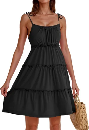 Cute Summer Dresses for Women 2025 Tiered A Line Floral Mini Dress Spaghetti Strap Boho Flowy Short Vacation Sundress