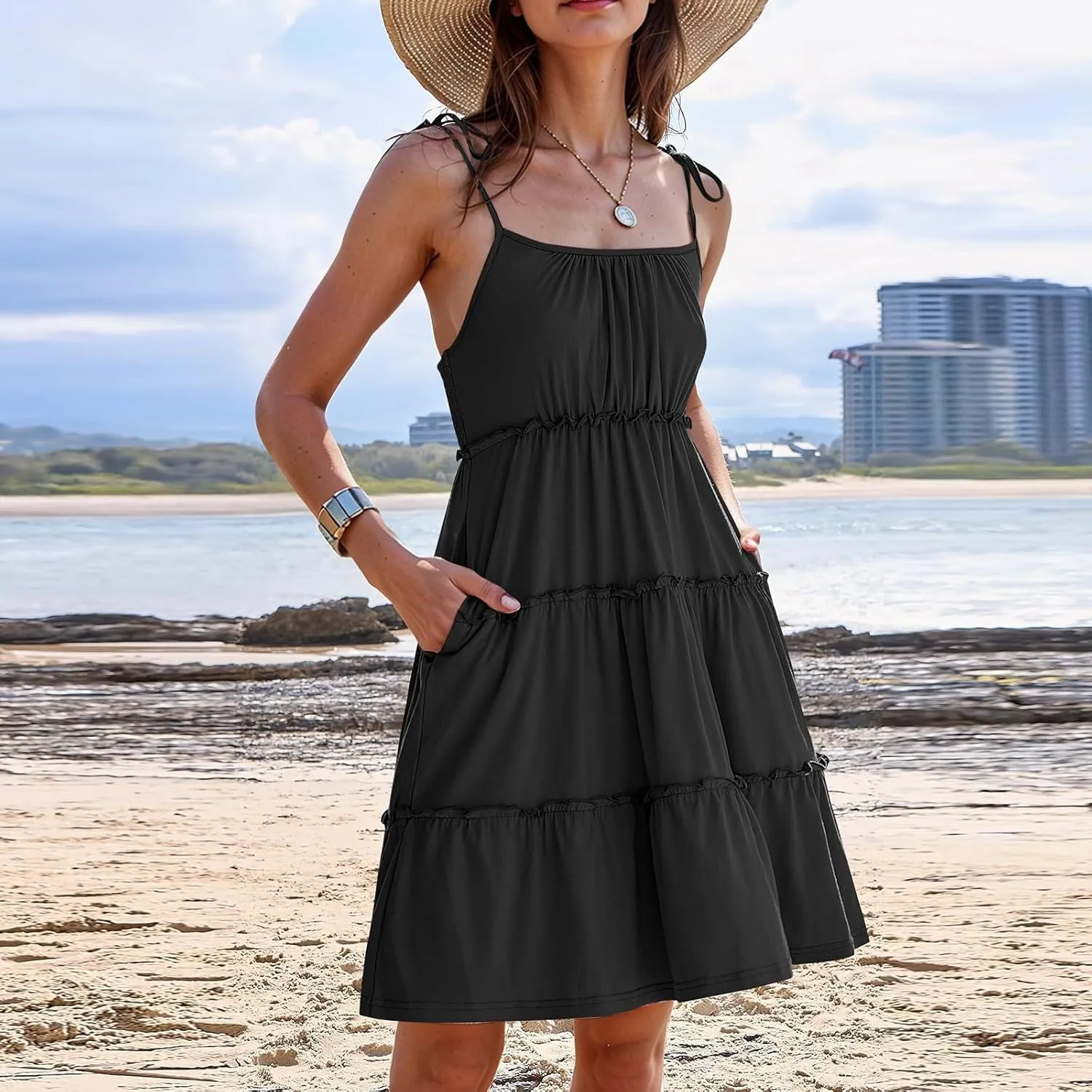 Cute Summer Dresses for Women 2025 Tiered A Line Floral Mini Dress Spaghetti Strap Boho Flowy Short Vacation Sundress