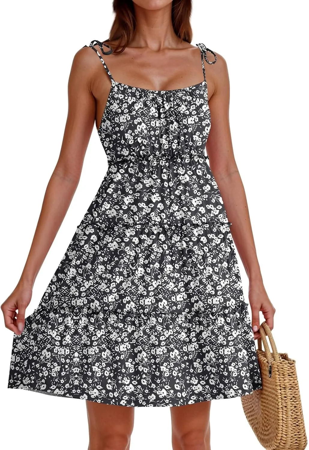 Cute Summer Dresses for Women 2025 Tiered A Line Floral Mini Dress Spaghetti Strap Boho Flowy Short Vacation Sundress