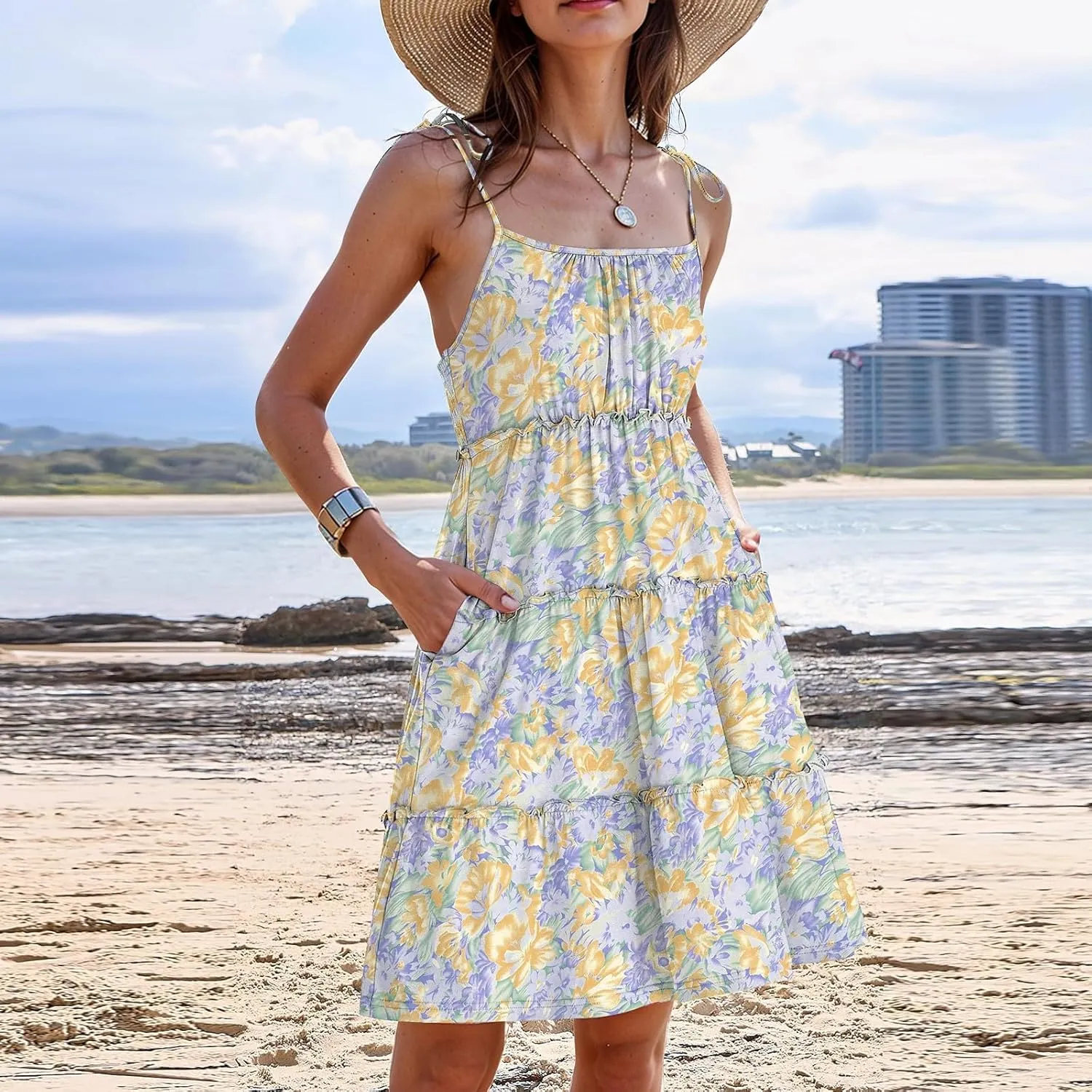 Cute Summer Dresses for Women 2025 Tiered A Line Floral Mini Dress Spaghetti Strap Boho Flowy Short Vacation Sundress