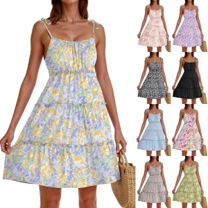 Cute Summer Dresses for Women 2025 Tiered A Line Floral Mini Dress Spaghetti Strap Boho Flowy Short Vacation Sundress