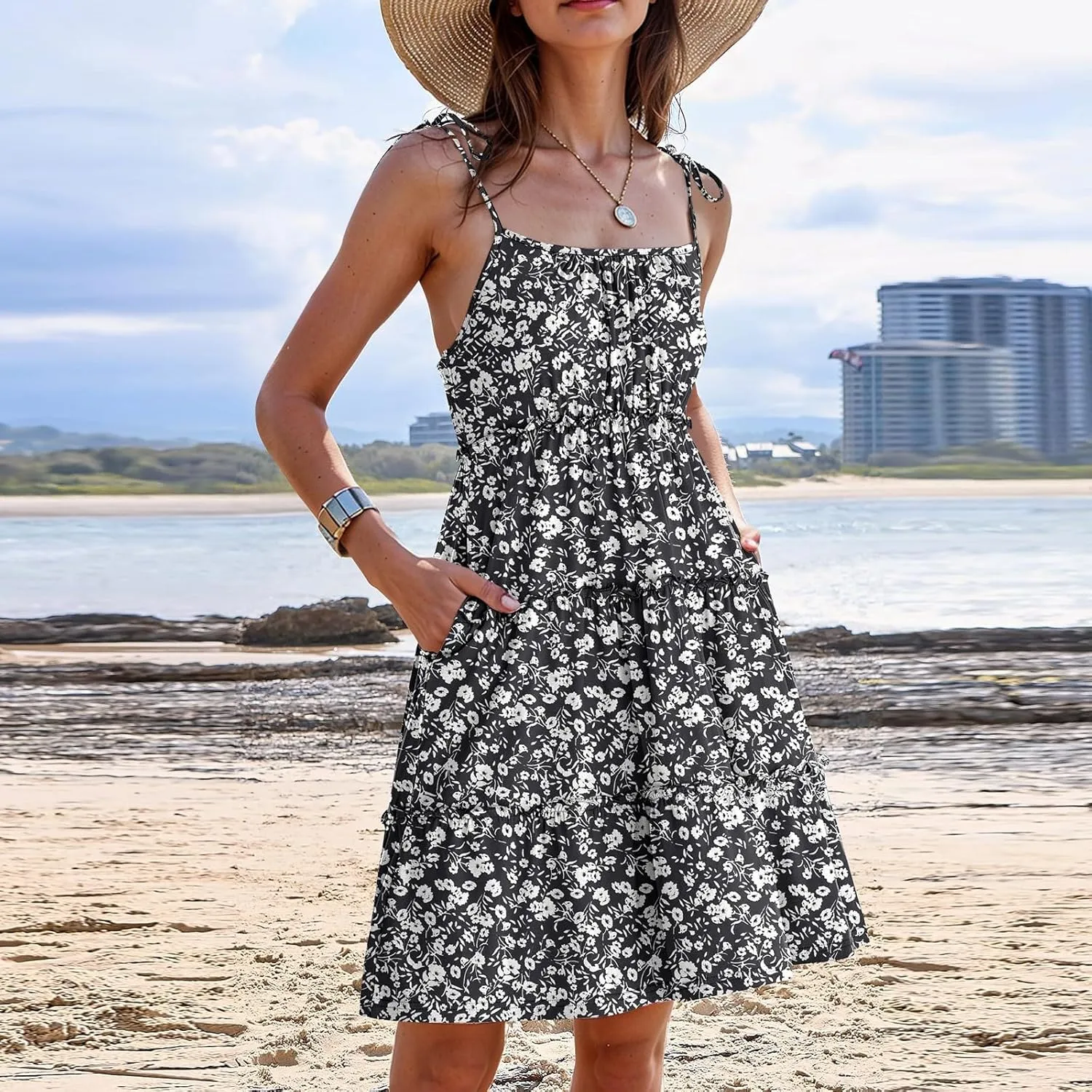 Cute Summer Dresses for Women 2025 Tiered A Line Floral Mini Dress Spaghetti Strap Boho Flowy Short Vacation Sundress