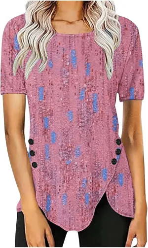 Cute Tops for Women Summer Boho Trendy Short Sleeve Tunic Tops Floral Print Flowy Blouses Fashion Ladies Clothes 2024