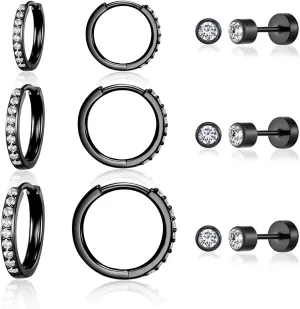 CZ Small Huggie Hoop Earrings 8/10/12mm 14K Black Gold Plated, 3 Pairs Tiny 3mm Round CZ Screw Studs 18K Black Gold Plated Multiple Ear Piercing Cartilage Jewelry Hypoallergenic