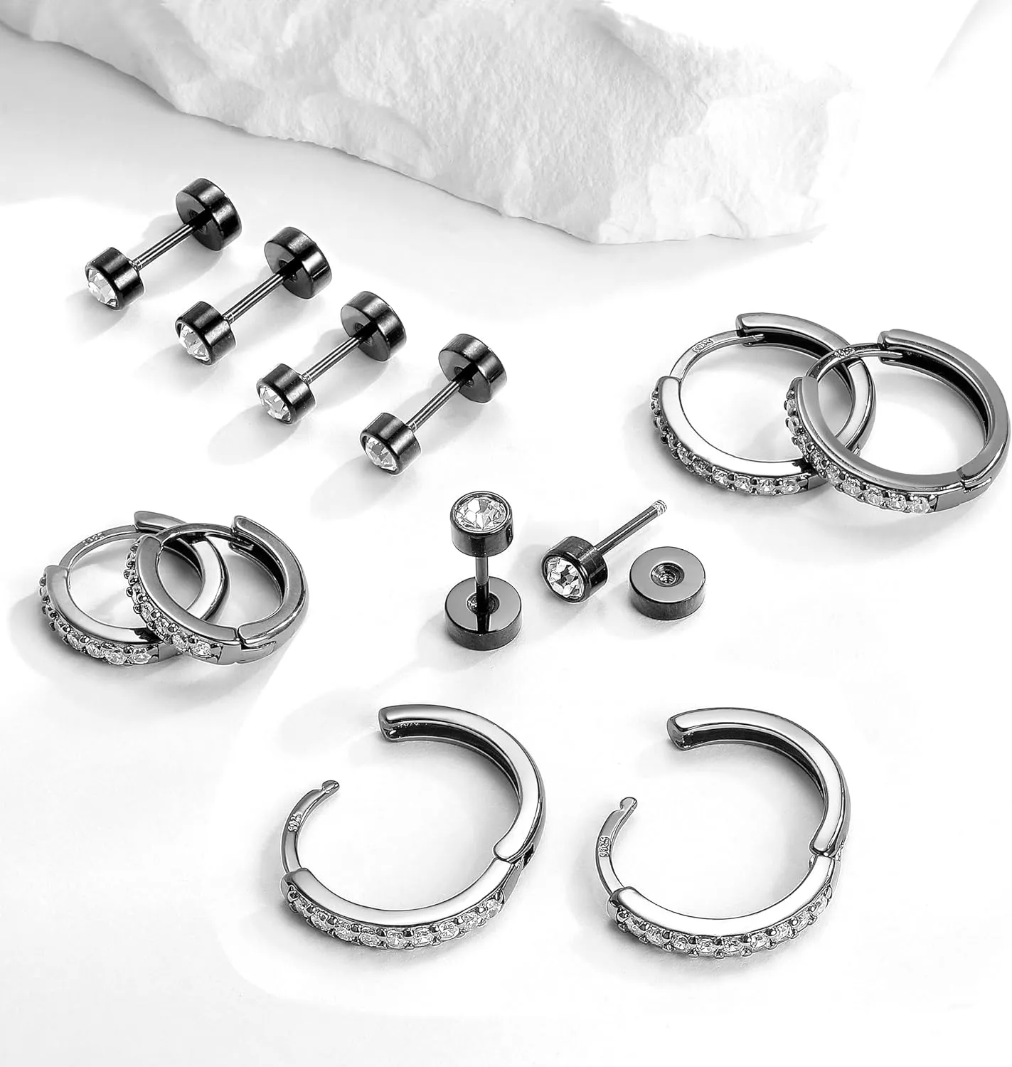 CZ Small Huggie Hoop Earrings 8/10/12mm 14K Black Gold Plated, 3 Pairs Tiny 3mm Round CZ Screw Studs 18K Black Gold Plated Multiple Ear Piercing Cartilage Jewelry Hypoallergenic