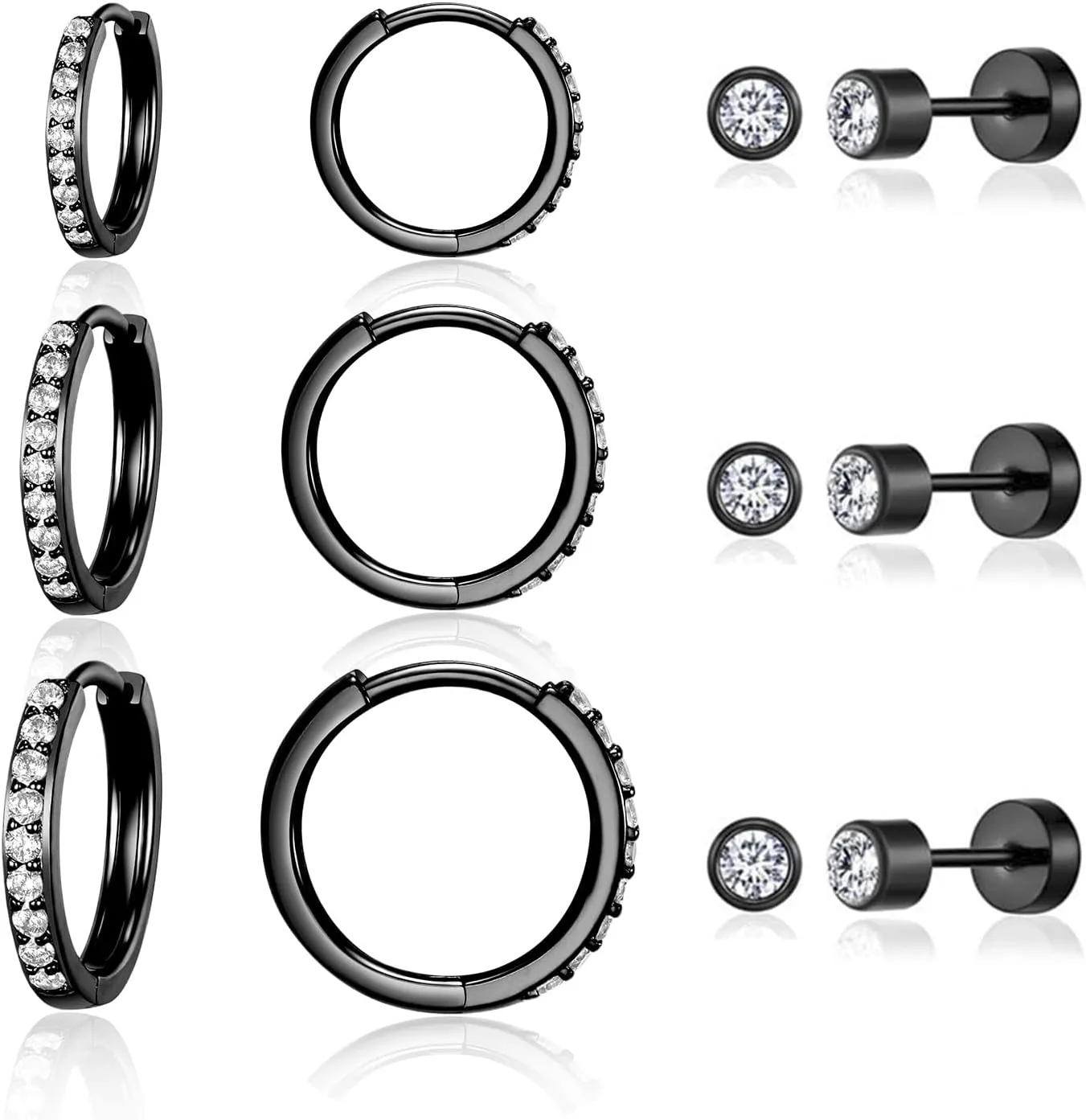 CZ Small Huggie Hoop Earrings 8/10/12mm 14K Black Gold Plated, 3 Pairs Tiny 3mm Round CZ Screw Studs 18K Black Gold Plated Multiple Ear Piercing Cartilage Jewelry Hypoallergenic