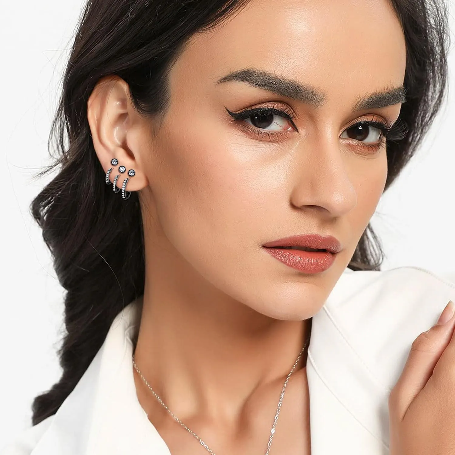 CZ Small Huggie Hoop Earrings 8/10/12mm 14K Black Gold Plated, 3 Pairs Tiny 3mm Round CZ Screw Studs 18K Black Gold Plated Multiple Ear Piercing Cartilage Jewelry Hypoallergenic