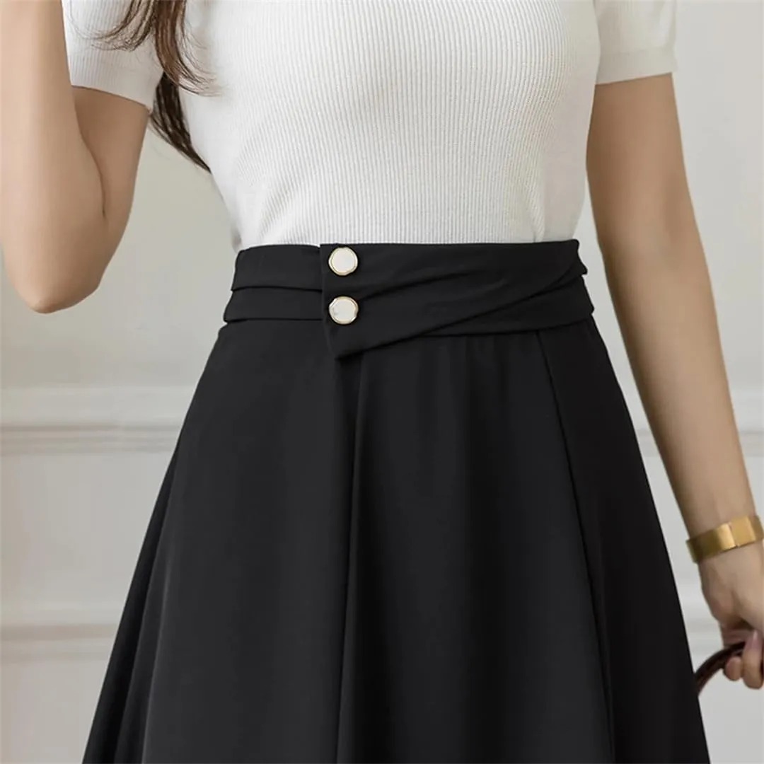 Dbdkejj Women Folds Waist Pleated Skirts Loose Stitching A-Line Skirts Midi Skirts
