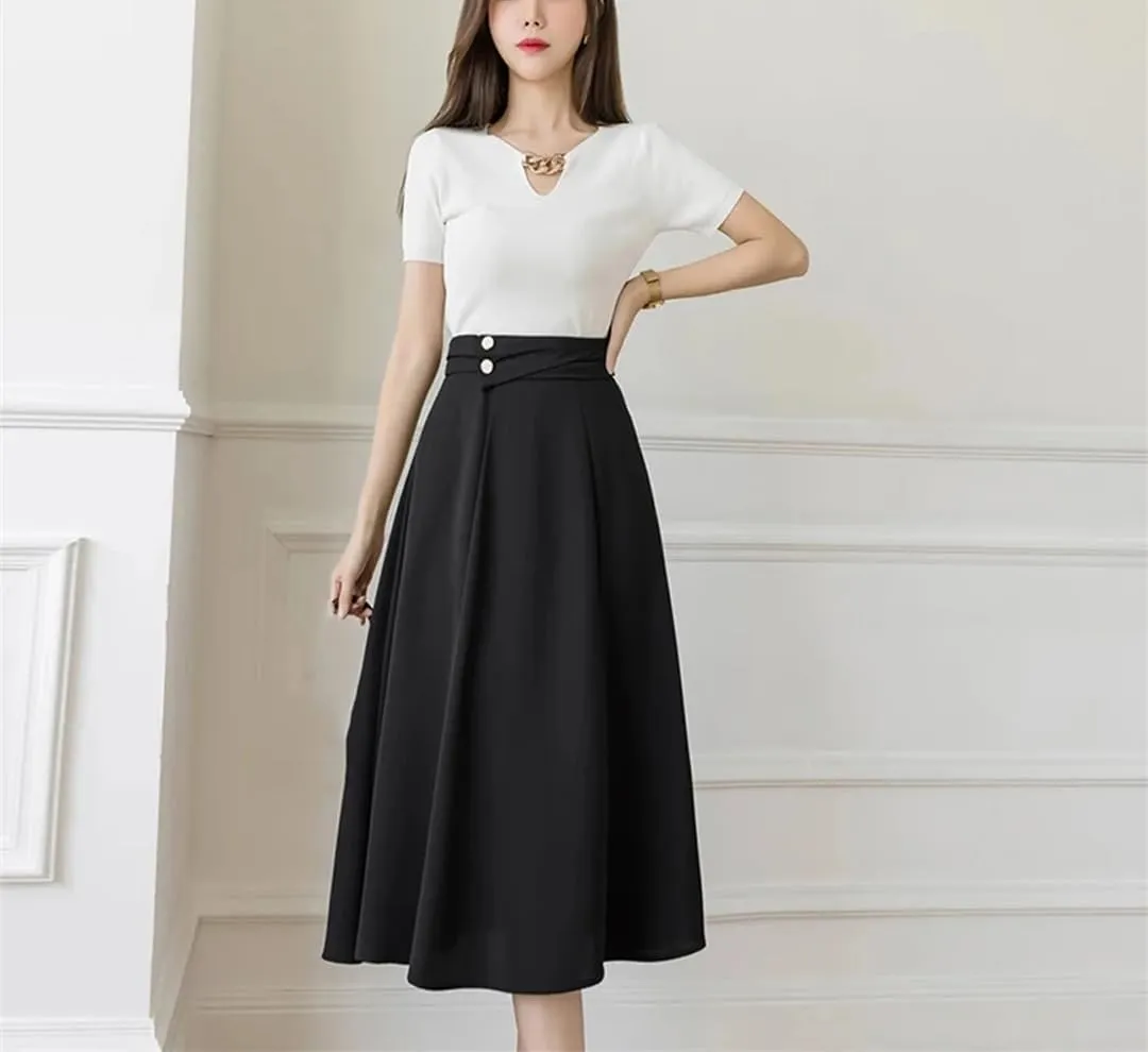 Dbdkejj Women Folds Waist Pleated Skirts Loose Stitching A-Line Skirts Midi Skirts