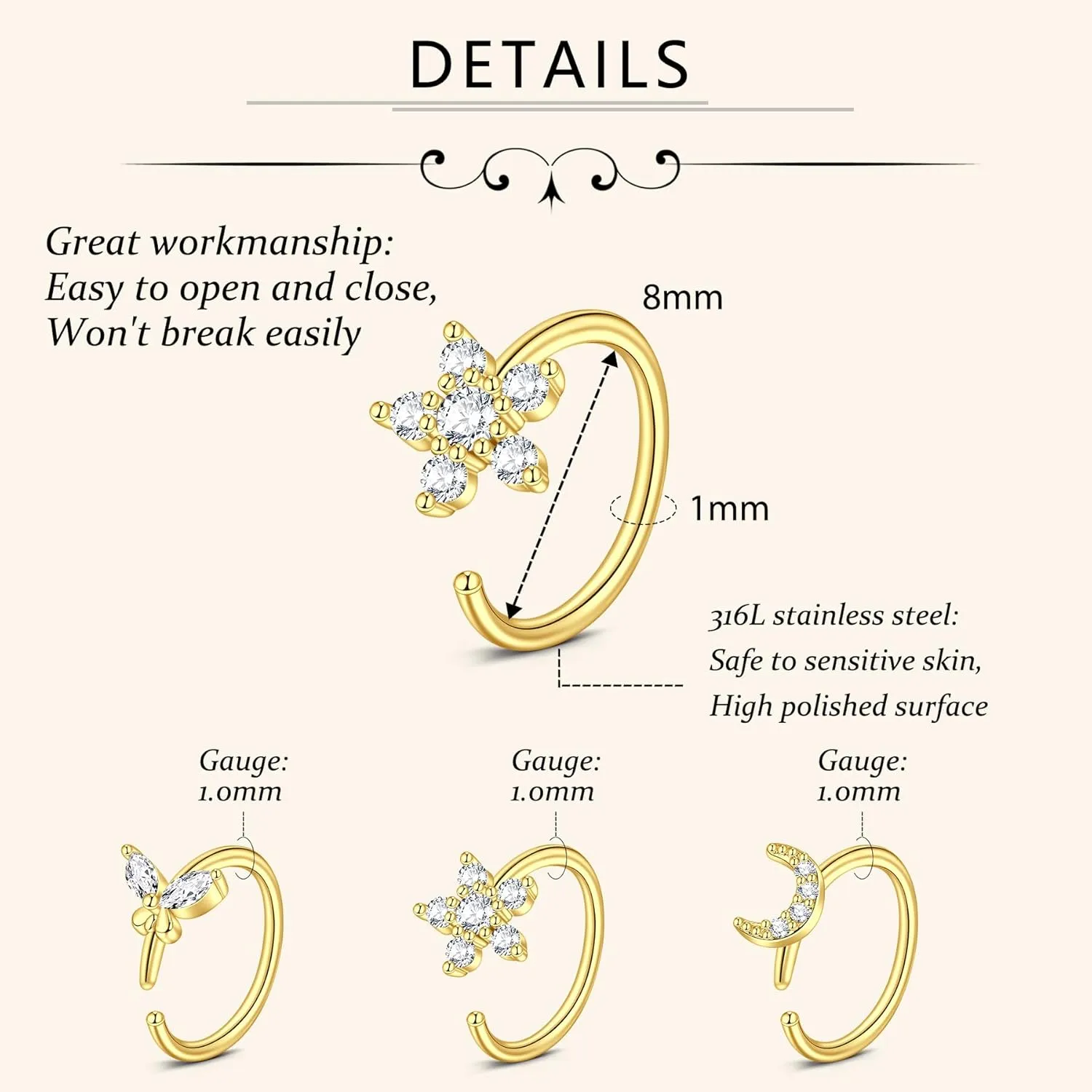 D.Bella 18G Nose Rings for Women Nose Rings Studs Stainless Steel L-Shaped Nose Studs Screw Nose Piercing Jewelry