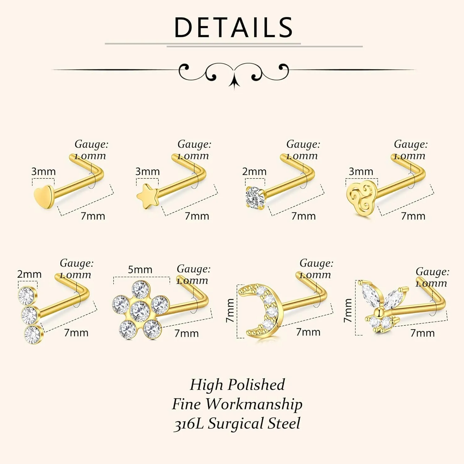 D.Bella 18G Nose Rings for Women Nose Rings Studs Stainless Steel L-Shaped Nose Studs Screw Nose Piercing Jewelry