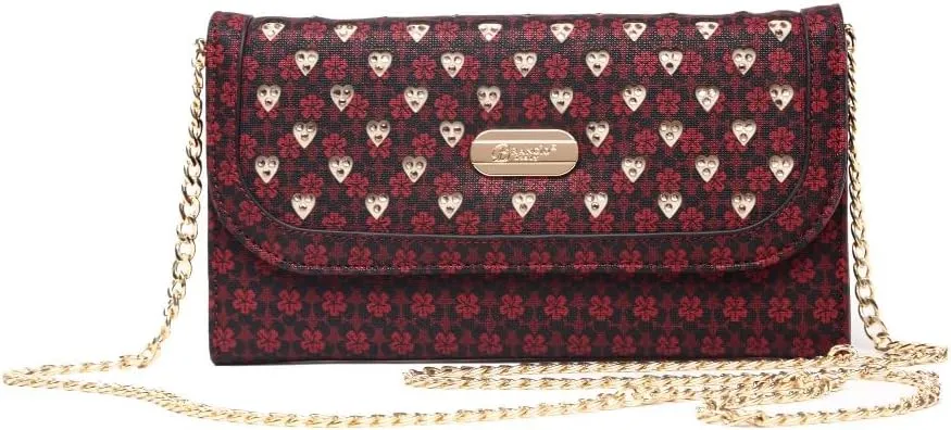Designer Women's Leather Clutch Floral and Heart Embossed Pattern with Chain Strap, Elegant Evening Clutch Purse