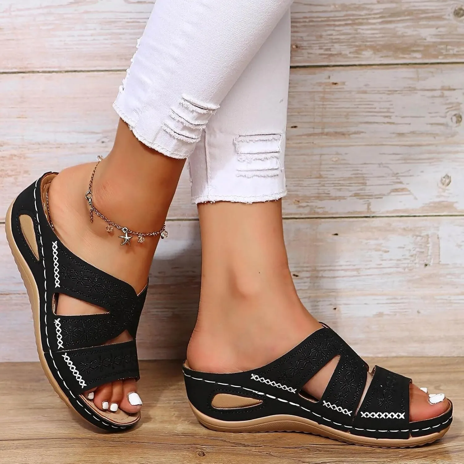 Dheva-C Orthopedic Wedge Sandals for Women Summer Dressy Comfortable Slides Slip on Sandals with Support Open Toe Shoes