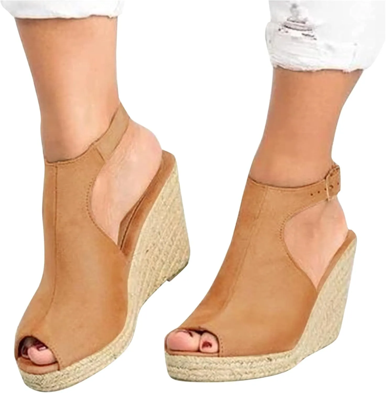 Dheva-C Wedge Sandals for Women Buckle Ankle Strap Open Toe Sandals for Women Dressy Summer Casual Sandals Comfortable Platform Shoes for Outdoor Melarey Mid Heel Wedge Sandals (Khaki-B, 8)