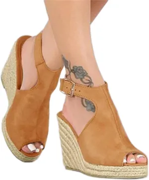 Dheva-C Wedge Sandals for Women Buckle Ankle Strap Open Toe Sandals for Women Dressy Summer Casual Sandals Comfortable Platform Shoes for Outdoor Melarey Mid Heel Wedge Sandals (Khaki-B, 8)