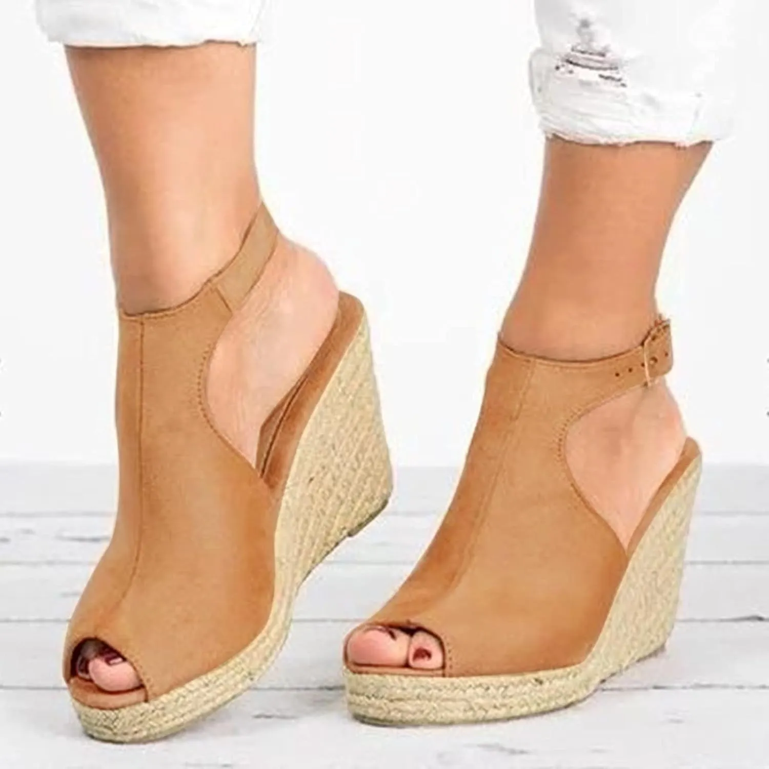 Dheva-C Wedge Sandals for Women Buckle Ankle Strap Open Toe Sandals for Women Dressy Summer Casual Sandals Comfortable Platform Shoes for Outdoor Melarey Mid Heel Wedge Sandals (Khaki-B, 8)