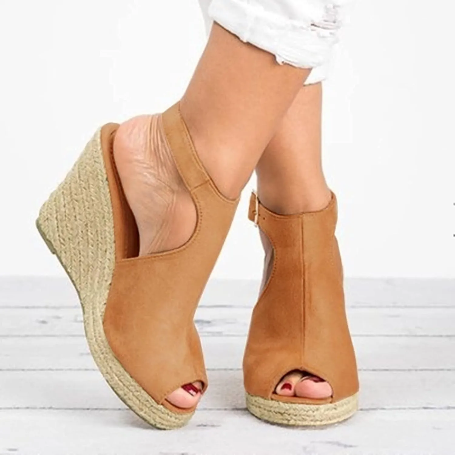 Dheva-C Wedge Sandals for Women Buckle Ankle Strap Open Toe Sandals for Women Dressy Summer Casual Sandals Comfortable Platform Shoes for Outdoor Melarey Mid Heel Wedge Sandals (Khaki-B, 8)